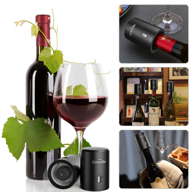 Imagens representão a utilização da tampa seladora em garrafas de vinho