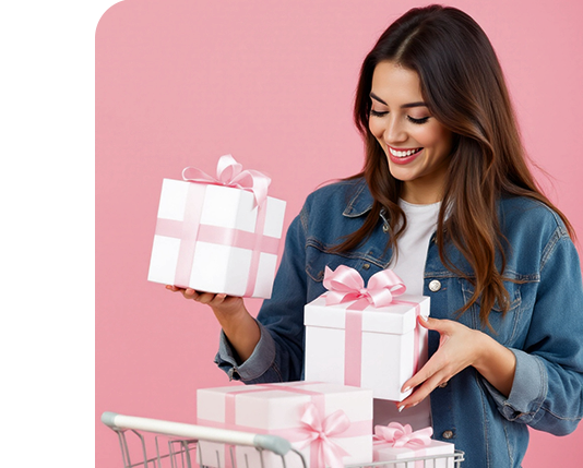 mulher sorrindo mostrando o celular com uma lista de produtos