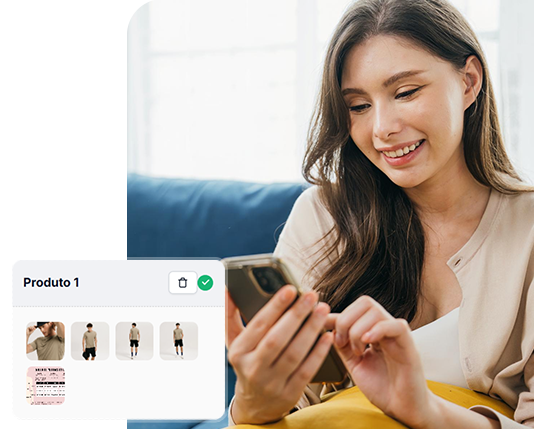 mulher experimentando uma blusa, junto com uma imagem mostrando o produto no aplicativo