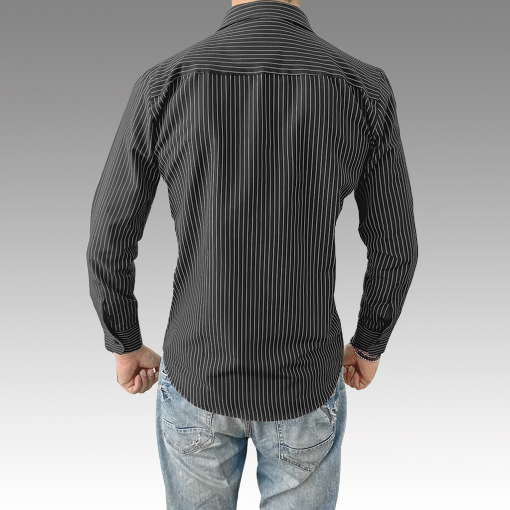 camisa, negra rayas grises claro, bodymaker, hombre, slimfit, packaging premium, espalda
