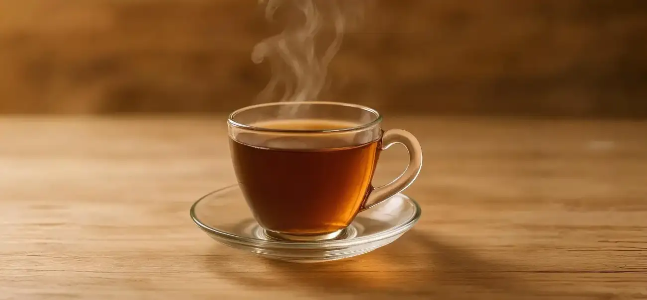 Taza de té caliente con vapor sobre mesa de madera – Infusiones para el bienestar de Mate & Tea