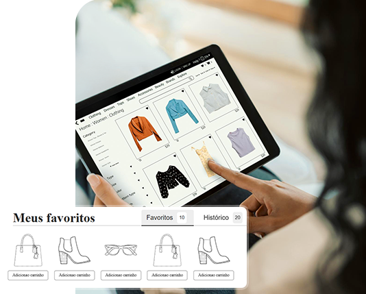 mulher experimentando uma blusa, junto com uma imagem mostrando o produto no aplicativo