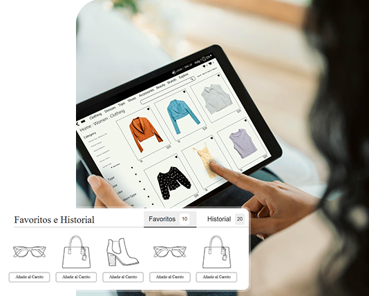 mulher experimentando uma blusa, junto com uma imagem mostrando o produto no aplicativo