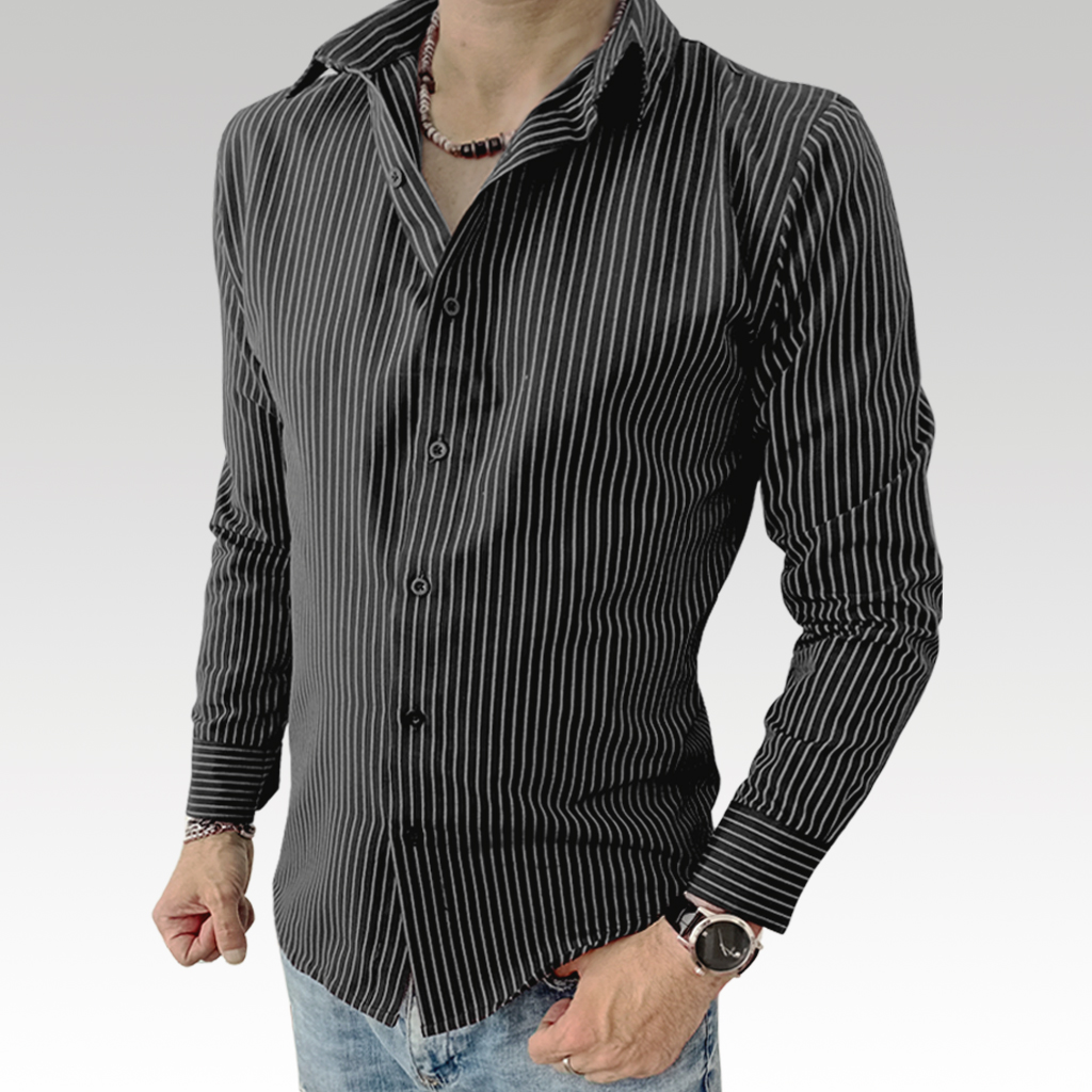 Camisa Negra con finas rayas grises** atemporal BodyMaker – Edición Limitada 100VIP – Hecho en Argentina - Slimfit"