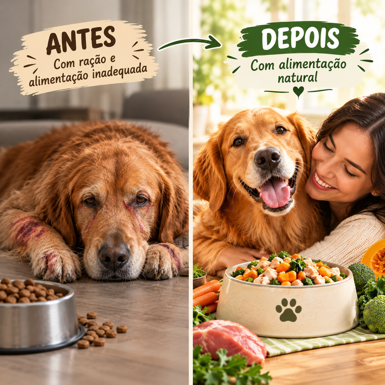 Antes e depois de um Golden Retriever com a comida do Tigela Cheia