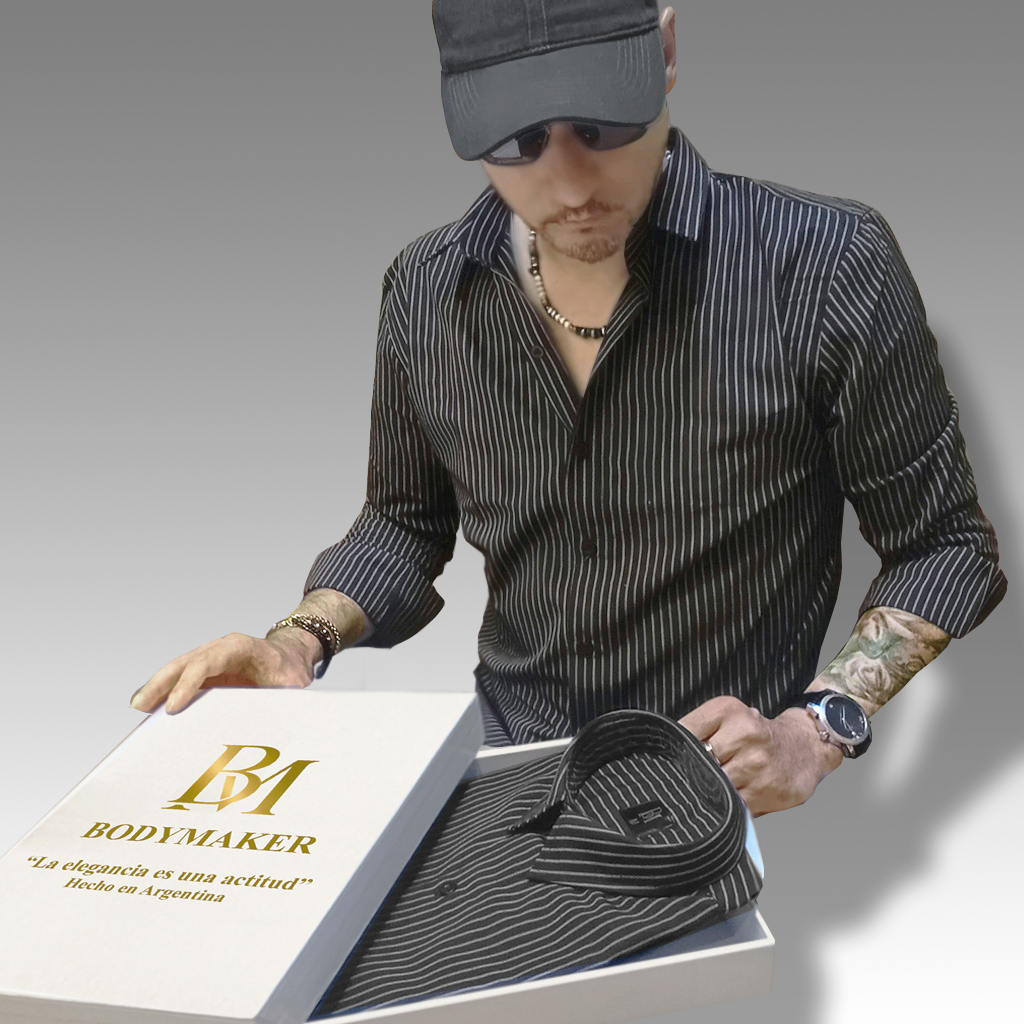 camisa, negra rayas grises claro, bodymaker, hombre, slimfit, packaging premium