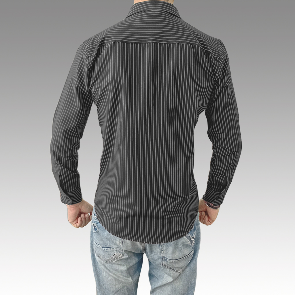 camisa, negra rayas grises claro, bodymaker, hombre, slimfit, packaging premium, espalda