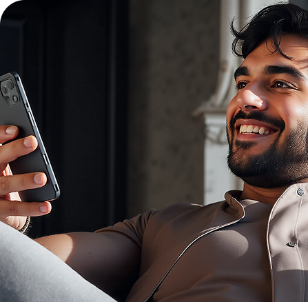 homem feliz usando o celular