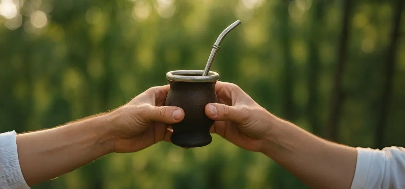 Dos personas compartiendo un mate en la naturaleza – Ritual de conexión de Mate & Tea